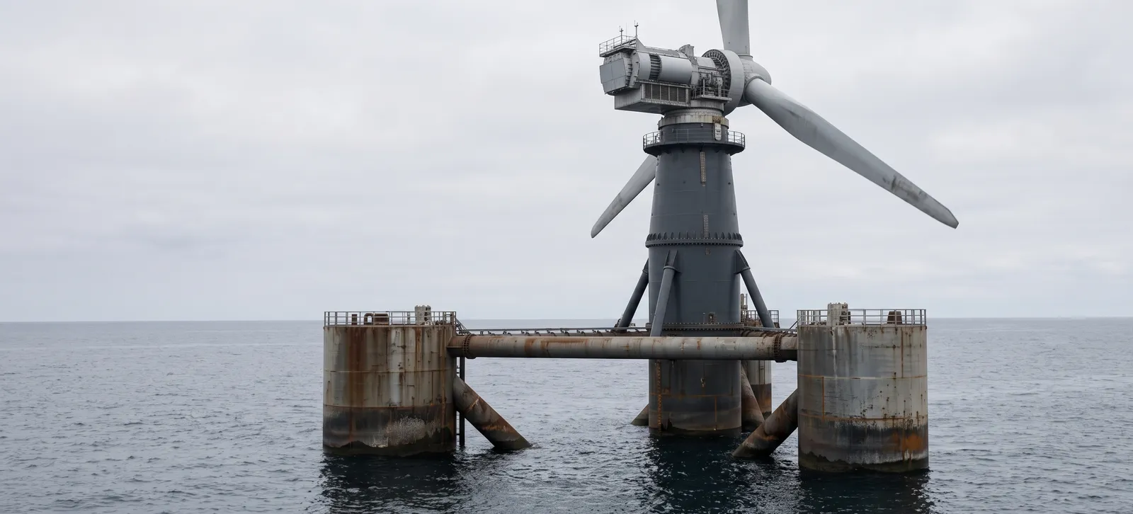A row of offshore wind turbines standing in the sea under low sunlight